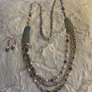 Silver tone necklace with earrings.Some plastic  beads light pink and grey‎ .